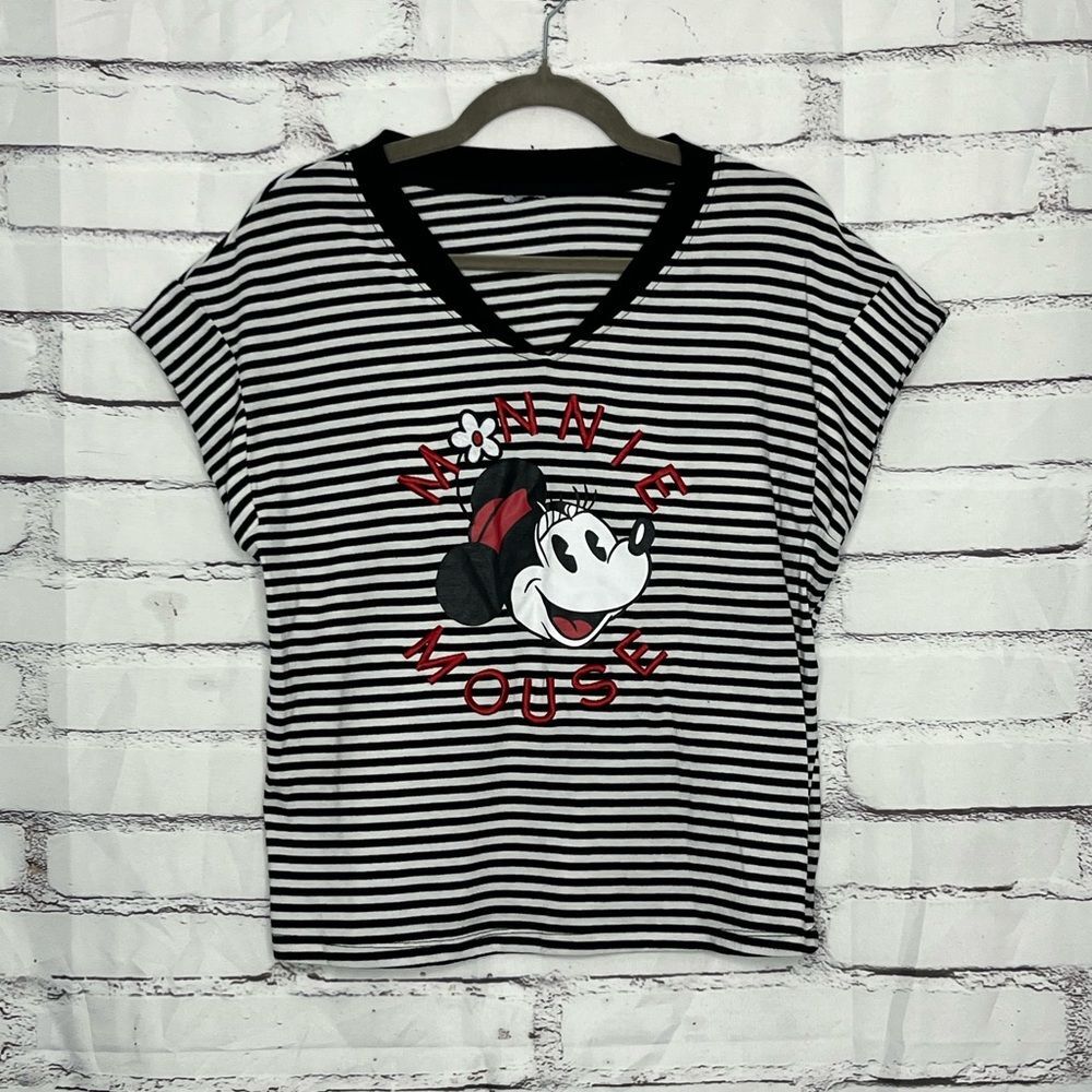 Disney Minnie Mouse Striped V-Neck Graphic Tee Women’s Small Black White Top Y2K